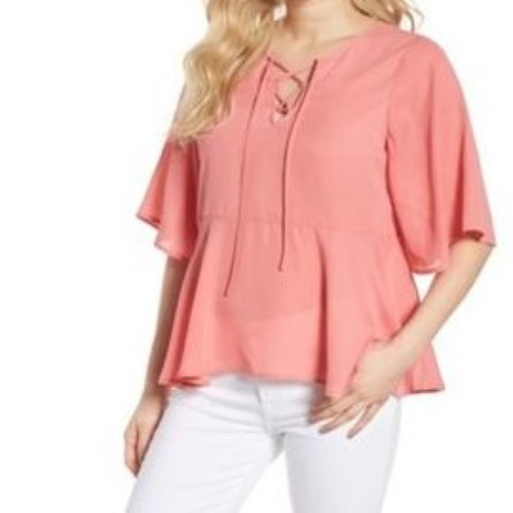 Cupcakes & Cashmere Josselyn Lace Up S Peplum Top Flutter Sleeve Beachy